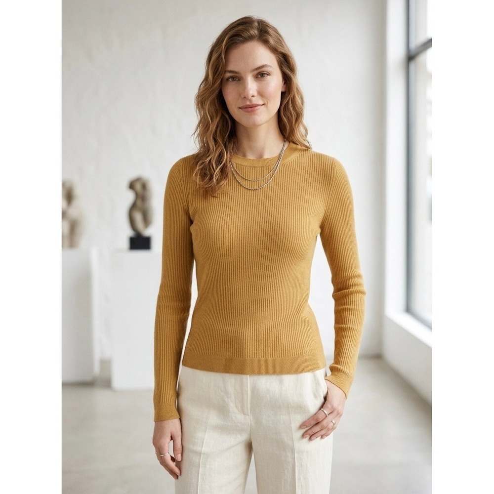Vince Mustard Yellow 100% Cashmere Ribbed Crewneck Sweater Womens Medium V4617